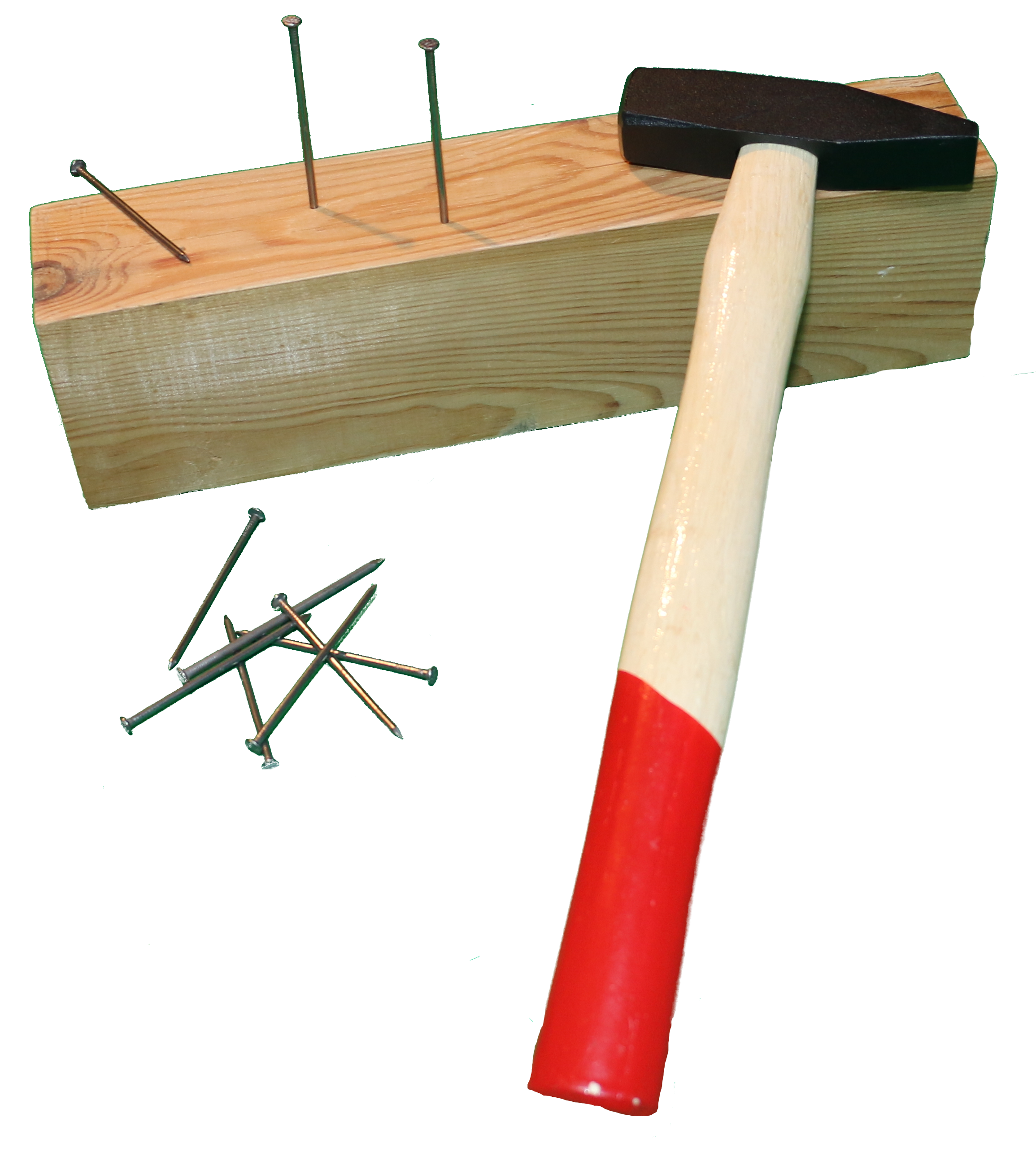 Hammer, 10 Nägel und Holzstück